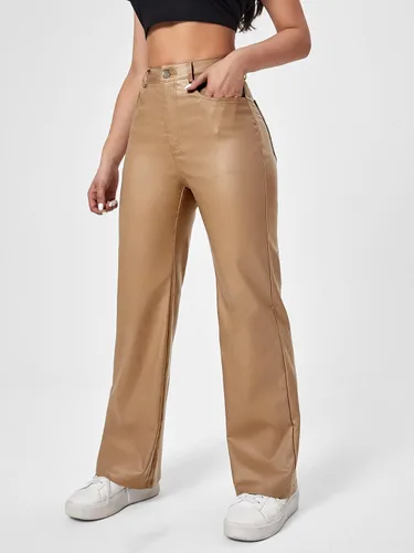 Vista 4 de MakeMeChic Pantalones de mezclilla de piel con bolsillos de cintura alta para mujer