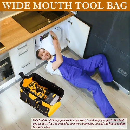 Vista 2 de BLIRITEL Bolsa de herramientas de 13 pulgadas para hombres con parte inferior dura impermeable, bolsa de herramientas de boca ancha resistente
