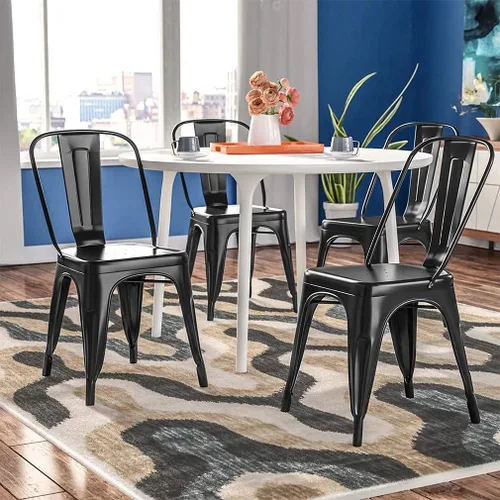 Vista 6 de Juego de 4 sillas de comedor de metal para interiores y exteriores, sillas apilables para patio, cocina, sillas de metal, sillas de restaurante