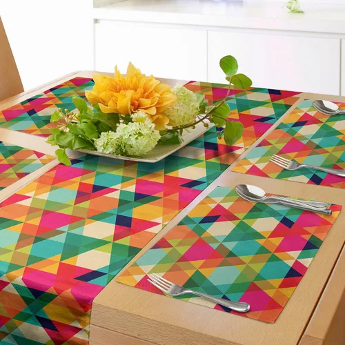 Vista 46 de Lunarable Camino de mesa tropical y manteles individuales, acuarela tucán loro flamenco piñas y flores silvestres sobre rombo, juego para decoración