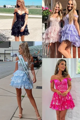 Vista 5 de Sevintage Vestidos de tul de encaje con hombros descubiertos, vestidos de fiesta formales escalonados 2023, 01-Negro