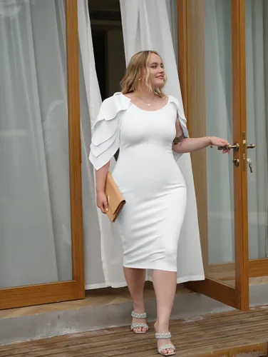 Vista 3 de DAAWENXI Elegante vestido de cóctel imperio con volantes y hombros descubiertos para mujer