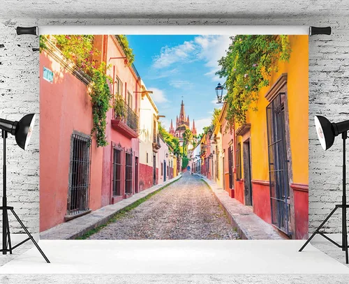 Vista 3 de Telón de fondo colorido de la calle de la ciudad de México, 5 x 3 pies, fondo de fotografía de casa, escenario de callejón, fiesta mexicana