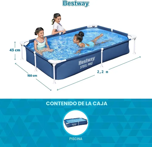 Vista 3 de Bestway Steel Pro - Piscina rectangular de 87 pulgadas x 59 pulgadas x 17 pulgadas con marco de metal sobre el suelo, para exteriores, color azul