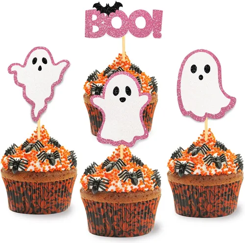 Vista 9 de 24 piezas de adornos de Halloween para cupcakes fantasmas, palillos de revelación de género para niños y niñas, adornos para tartas rosas y azules