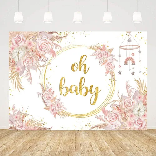 Vista 2 de SENDY Telón de fondo bohemio de 7 x 5 pies para niña, diseño floral rosa para baby shower, decoración de fiesta de baby shower, fiesta de baby
