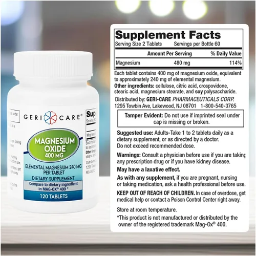 Vista 3 de GeriCare Suplemento de óxido de magnesio 240 mg de magnesio elemental, 120 tabletas, apoyo mineral esencial, promueve la salud vascular, la fuerza