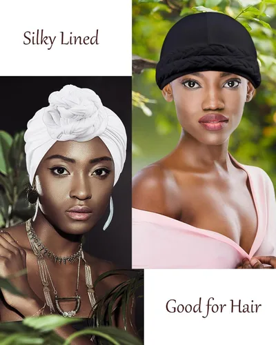 Vista 8 de Ababalaya Turbante sedoso con forro de satén para mujeres y hombres, turbante con forro sedoso Durag para ondas, trenzas, rastas para dormir, gorro