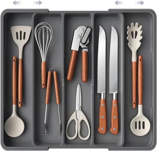 Vista 23 de Aujen Organizador de cubiertos – Organizador de cajones de cocina expandible, organizador de utensilios ajustable, bandeja de cubiertos