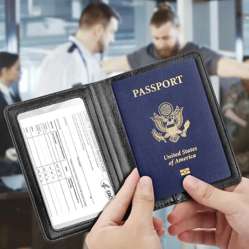 Vista 2 de Combo de tarjetero para pasaporte y vacuna, soporte para pasaporte con ranura para tarjeta de vacuna, cartera para pasaporte, funda para pasaporte