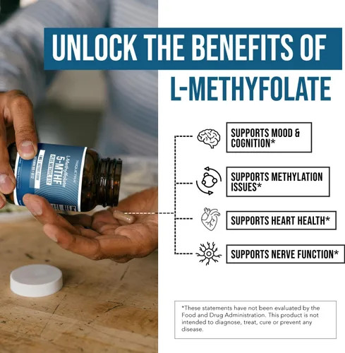 Vista 4 de L Metilfolato 1000 mcg Plus Metilo B12 Cofactor – Forma Activa 5-MTHF - Respalda el Estado de Ánimo, la Metilación, la Cognición – Formas Bioactivas