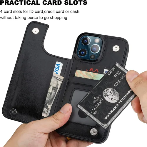 Vista 4 de ONETOP Compatible con iPhone 13 Pro Max Funda Tipo Cartera con Tarjetero, Cuero PU con Soporte Ranuras para Tarjetas, Doble Cierre Magnético y Negro