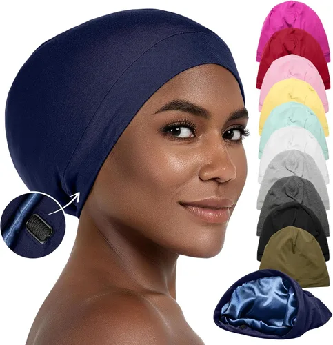 Vista 10 de CAPLORD Gorro de satén para dormir, envoltura de pelo rizado para hombres, gorros de seda ajustables para mujeres, gorro de seda para el cabello