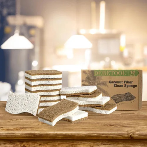 Vista 6 de DEBETOOL Paquete de 14 esponjas de cocina naturales, esponjas ecológicas para cocina, esponja biodegradable de celulosa y coco, esponja de limpieza