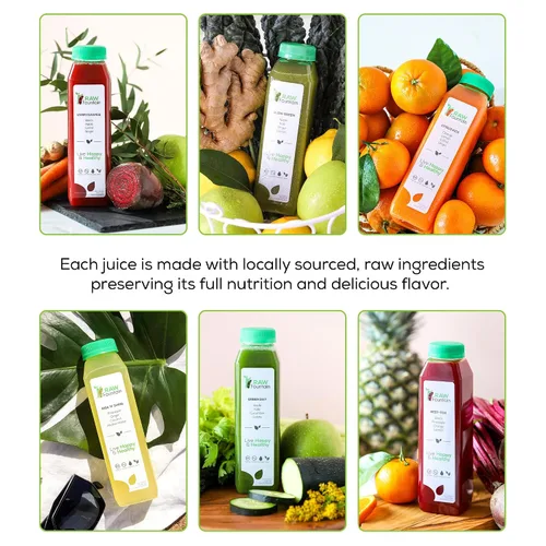 Vista 2 de Limpieza de jugo de 1 día de Raw Fountain, Limpieza de desintoxicación cruda 100% natural, Jugo para reiniciar el cuerpo, Jugo prensado en frío