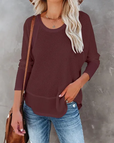 Vista 2 de SOLERSUN Womens Waffle Knit Tops Long Sleeve Crewneck Casual Loose Blouses Lightweight Pullover Jumper 2023 Fall