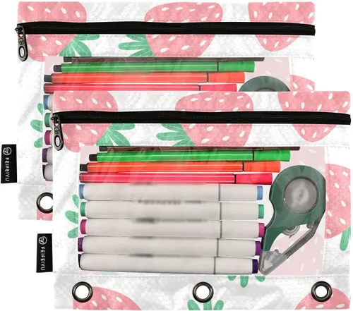 Vista 2 de Estuche para lápices de fresas rosas para carpetas de 3 anillas, estuche para lápices, bolsa de maquillaje con ventana transparente para almacenar