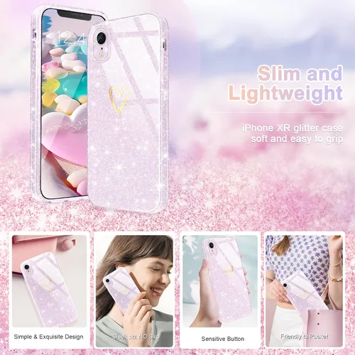 Vista 6 de Funda para iPhone XR, con [1 protector de pantalla de vidrio templado] [purpurina transparente] bonita funda de teléfono brillante a prueba