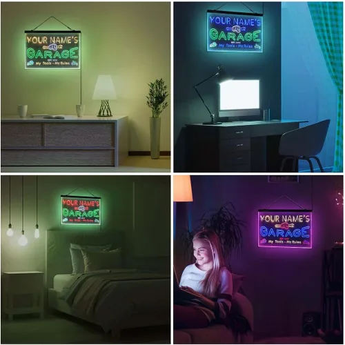 Vista 4 de Letrero de luz de neón LED tricolor de garaje para hombre, cueva, personalizable, nombre, fecha, texto, cita, fuente verde, rojo, amarillo, 13 x 8.7