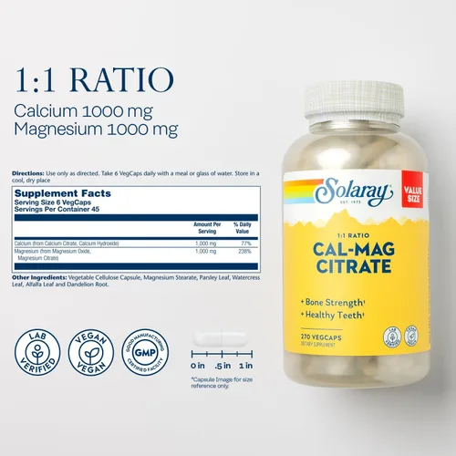 Vista 2 de Solaray Citrato de calcio y magnesio de 1000 mg de relación 1:1, suplemento de fuerza ósea, apoyo para la salud muscular, nerviosa y ósea, quelado