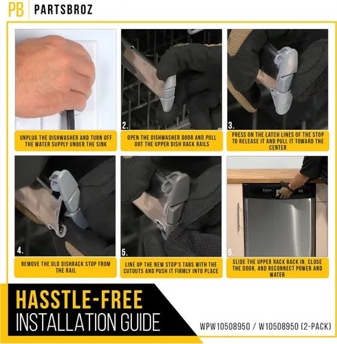 Vista 6 de PartsBroz WPW10508950 W10508950 Clip de tope de riel deslizante para lavavajillas (paquete de 2) para Whirlpool WDF520PADM7 WDT730PAHZ0 MDB4949SHZ0