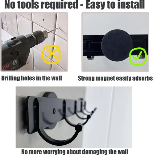 Vista 3 de Ganchos magnéticos para utensilios, almacenamiento para colgar utensilios de pared, estante magnético para refrigerador, metal negro sin gancho