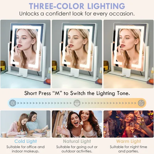 Vista 2 de Espejo de Maquillaje con Luces, Espejo de Tocador con 3 Modos de Iluminación, Espejo Iluminado, Sensor Táctil, Alimentado por CA, Giratorio 360°