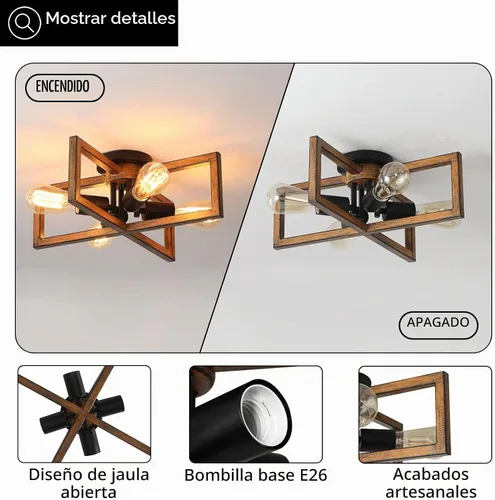 Vista 2 de KEESFU Lámpara de techo retro semiempotrada de 4 luces, con acabado de grano de madera de granja, iluminación rústica para dormitorio, sala