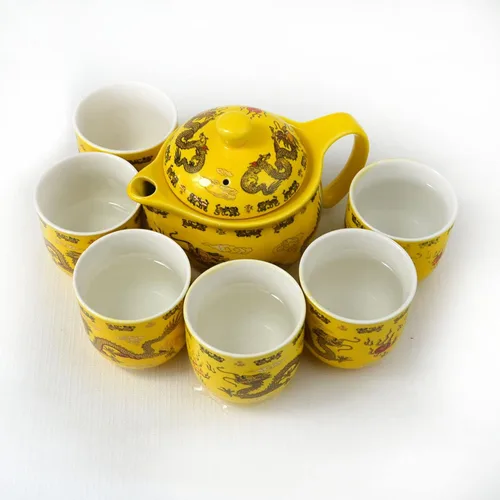 Vista 2 de Teapot Teacup Chinese Gongfu Tea Set Yellow Dragon Porcelana Acero inoxidable Filtración Caja de regalo de cerámica