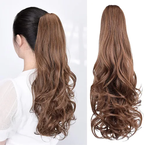 Vista 19 de Extensiones de cola de caballo, extensiones de cabello de cola de caballo con clip de garra marrón oscuro para mujer, pieza de cabello rizado