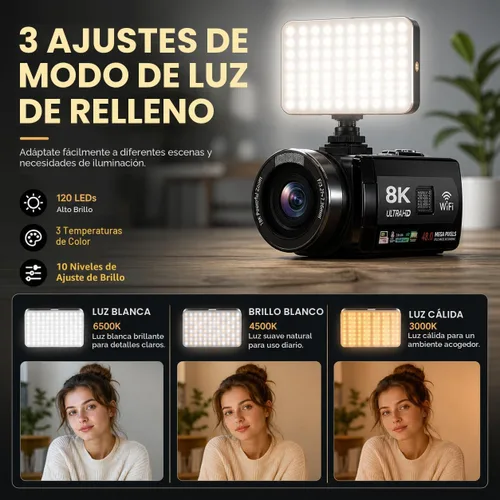 Vista 6 de Videocámara, videocámara 8K de 48 MP 15FPS UHD con Wi-Fi, cámara para vlogging con visión nocturna IR para YouTube, pantalla táctil de 3" con zoom
