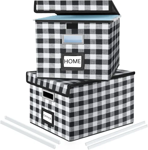 Vista 47 de Caja organizadora de archivos Huolewa con tapa, caja organizadora de carpetas de archivos colgantes de cuero sintético plegable con deslizadores