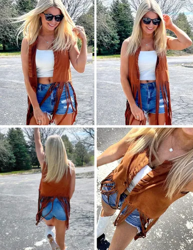 Vista 3 de HOTOUCH Women Fringe Vest 70s Hippie Costume Faux Suede Sleeveless Tassels Cardigan Cowgirl Western Tops
