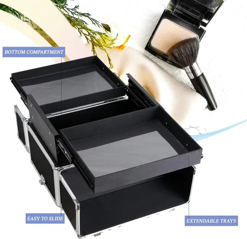 Vista 4 de Ver Beauty Organizador de maquillaje, kit de viaje cosmético, suministros para artistas de maquillaje, 2 bandejas deslizantes, caja de Rayas negras