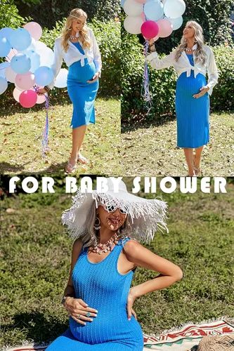 Vista 4 de Ekouaer Vestido de maternidad para mujer, de punto acanalado, sin mangas, con abertura lateral, vestido ajustado para embarazo, tallas S-XXL