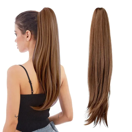 Vista 10 de Extensión de Cola de Caballo, Extensión de Cabello con Garra Larga de 20", Piezas de Cabello Sintético Ondulado Liso con Clip en Peluca de Cola