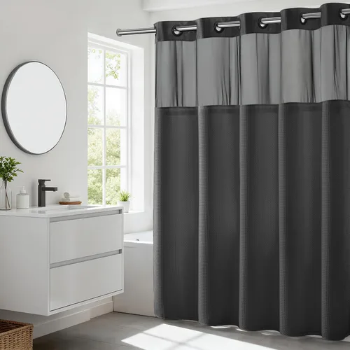 Vista 50 de Cortina de baño River Dream de gran peso sin ganchos necesarios con diseño de gofre punteado y forro a presión - 36W x 74H, de calidad hotelera