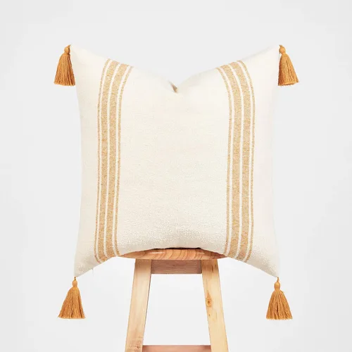 Vista 3 de Hofdeco Funda de almohada decorativa moderna estilo bohemio marroquí solo para sofá, sofá o cama, borlas a rayas amarillas doradas, 20 x 20 pulgadas