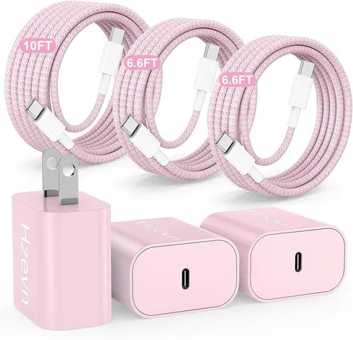Vista 12 de Carga rápida USB C de 20 W para iPhone 17 Air/16/15 Pro Max, paquete de 3 bloques de carga coloridos mezclados con cables USB C a C largos trenzados