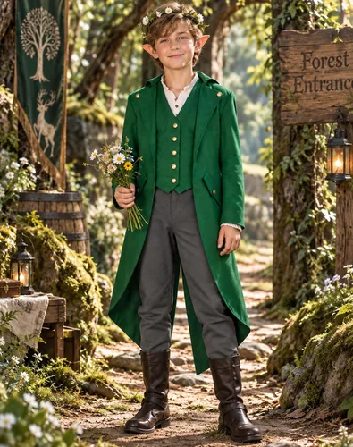 Vista 3 de Chaqueta medieval para niños, disfraz de Halloween, gótico, steampunk, vintage, victoriano, uniforme Verde