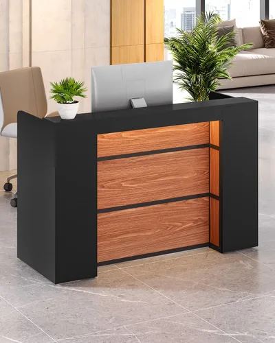 Vista 2 de LITTLE TREE Escritorio de recepción de 63 pulgadas, mesa de recepción moderna con luz LED, mostrador frontal, mostrador de madera para vestíbulos