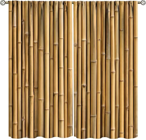 Vista 42 de Cortinas con estampado de bambú verde natural, plantas asiáticas, japonesas, tallos rústicos, hojas, cortina de selva con bolsillo para cortinero