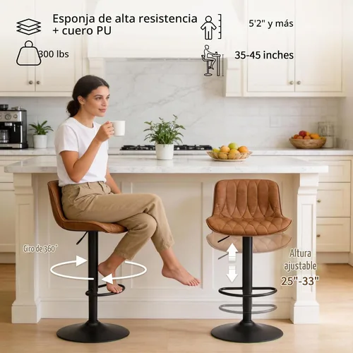 Vista 4 de FIRAVOE Juego de 3 taburetes de bar giratorios, taburetes de bar de altura de mostrador marrón con respaldo, taburete de bar ajustable de 25 a 33