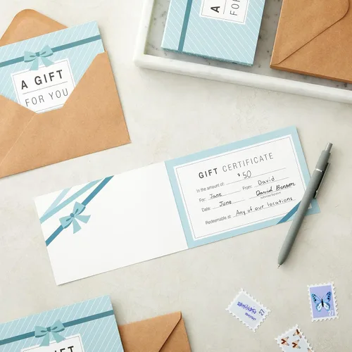 Vista 4 de Juvale Tarjetas de regalo en blanco, paquete de 36 unidades de 4 x 6 pulgadas, color azul, 250 GSM y sobres, certificados de regalo personalizables