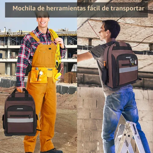 Vista 8 de Mochila para herramientas, mochila resistente con base moldeada impermeable, paquete de trabajo para electricistas con múltiples bolsillos