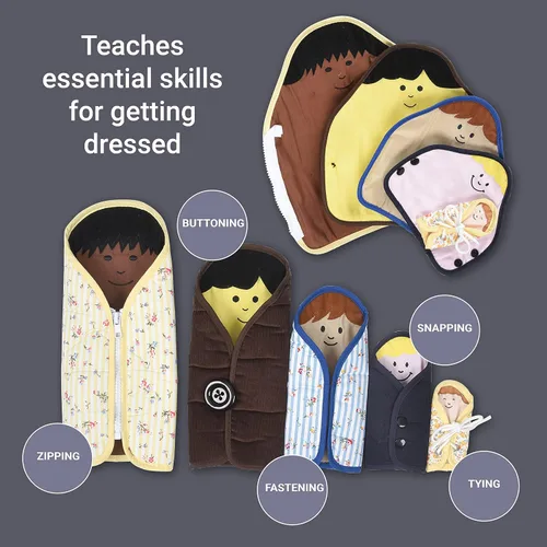 Vista 4 de Constructive Playthings Muñecas anidables de tela para niños, juguetes de aprendizaje con accesorios de ropa enseñan a vestirse a sí mismos, muñecas
