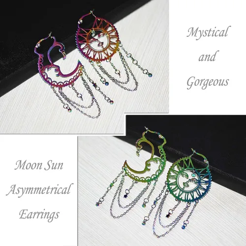 Vista 7 de Aretes asimétricos de sol y luna para mujer, aretes bohemios de arco iris, cadena de borla de estrella, aretes colgantes de acero inoxidable