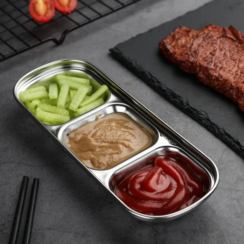 Vista 7 de 6 cuencos de acero inoxidable para salsa de soja, 3 rejillas, platos de salsa divididos, guarniciones para salsa de soja, salsa de tomate