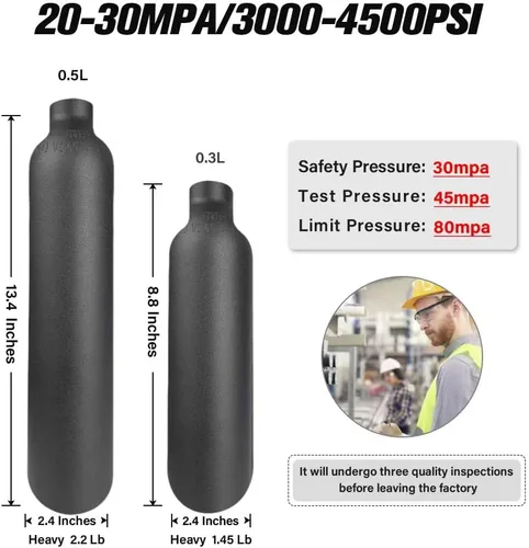 Vista 3 de Botella de aire de aluminio de 4500 psi, cilindro de PCP aeronáutico a prueba de explosiones de 30 Mpa, tanque de alta presión recargable M18 * 1.5
