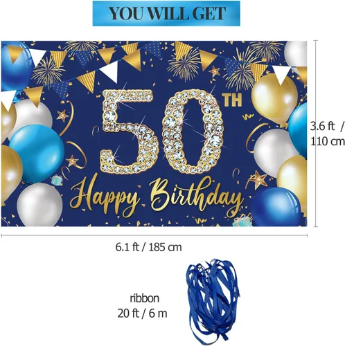Vista 2 de Telón de fondo de decoración de cumpleaños 50 para hombres, decoraciones de feliz cumpleaños 50 para hombres, fondo azul para fotografía